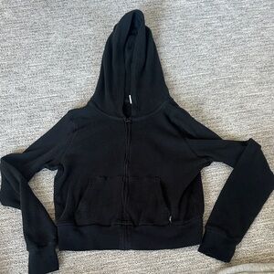TNA (Aritzia) Black Hooded Waffle-Knit Zip Front Top